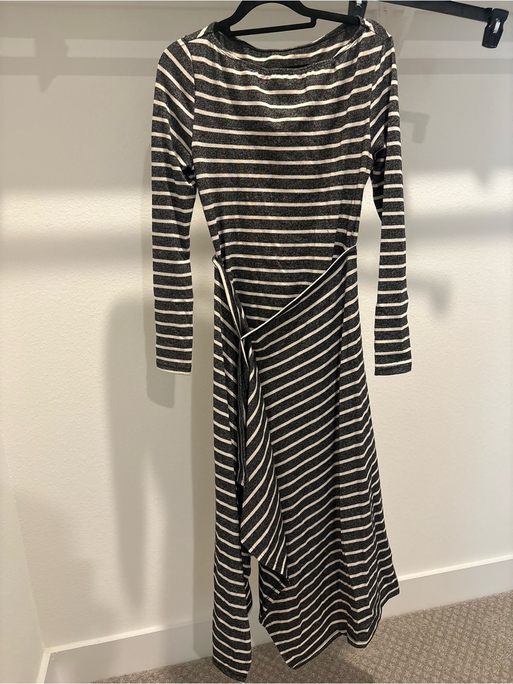 Striped Black and White Long Sleeve Wrap-Accent Dress